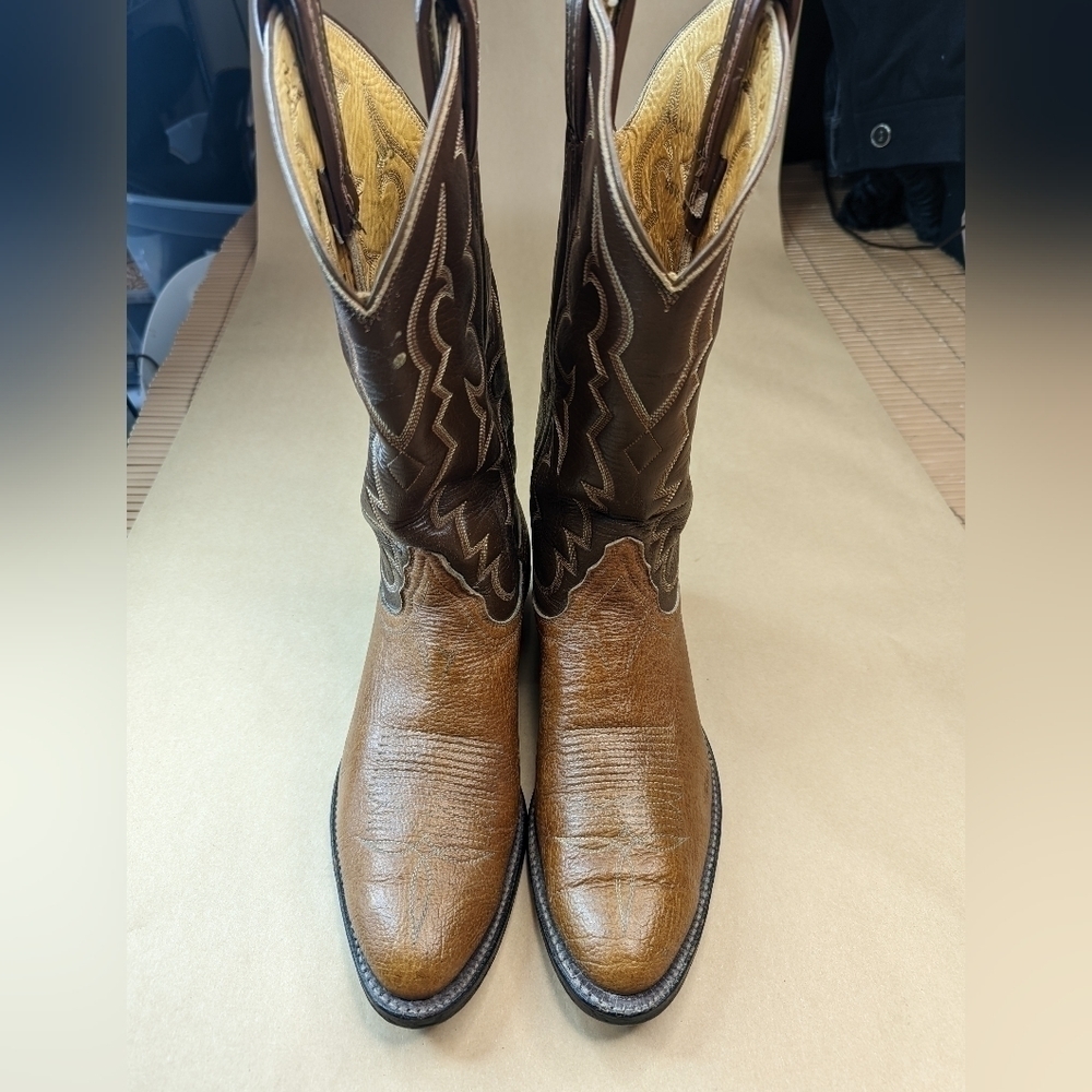 Tony Lama Black Label Shrunken Bull shoulder men's sz 8.5D two tone brown leathe - Picture 2 of 10